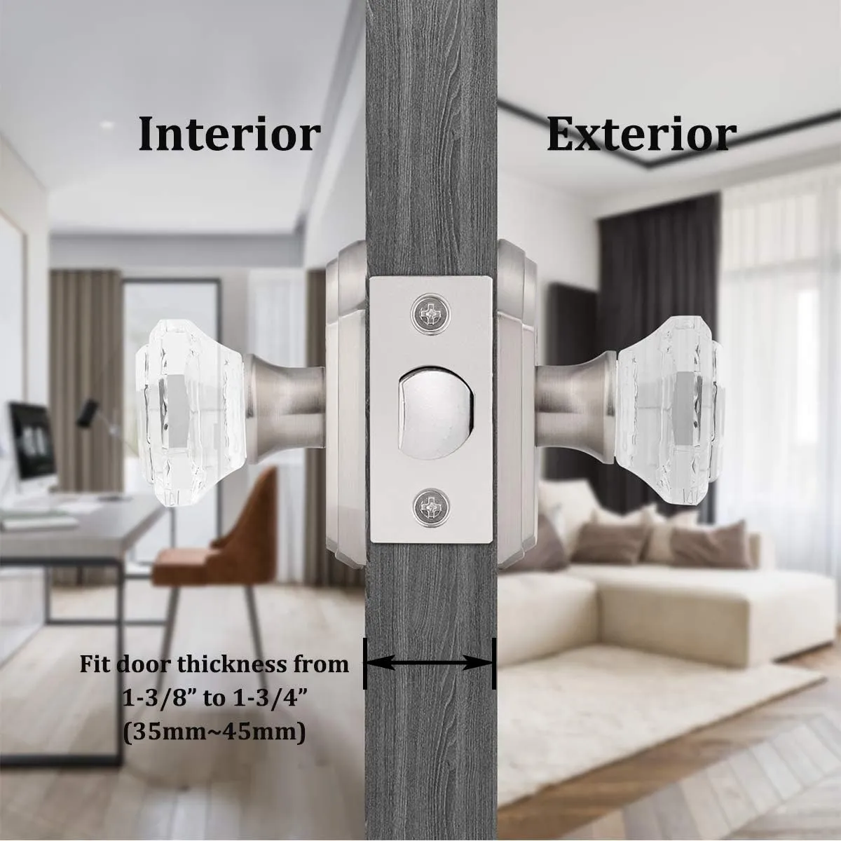 Clear Octagon Crystal Glass Door Knob Kit,Keyless Passage Handle for Hallway Closet Pantry,Satin Nickel Arched Rosette,1Pack