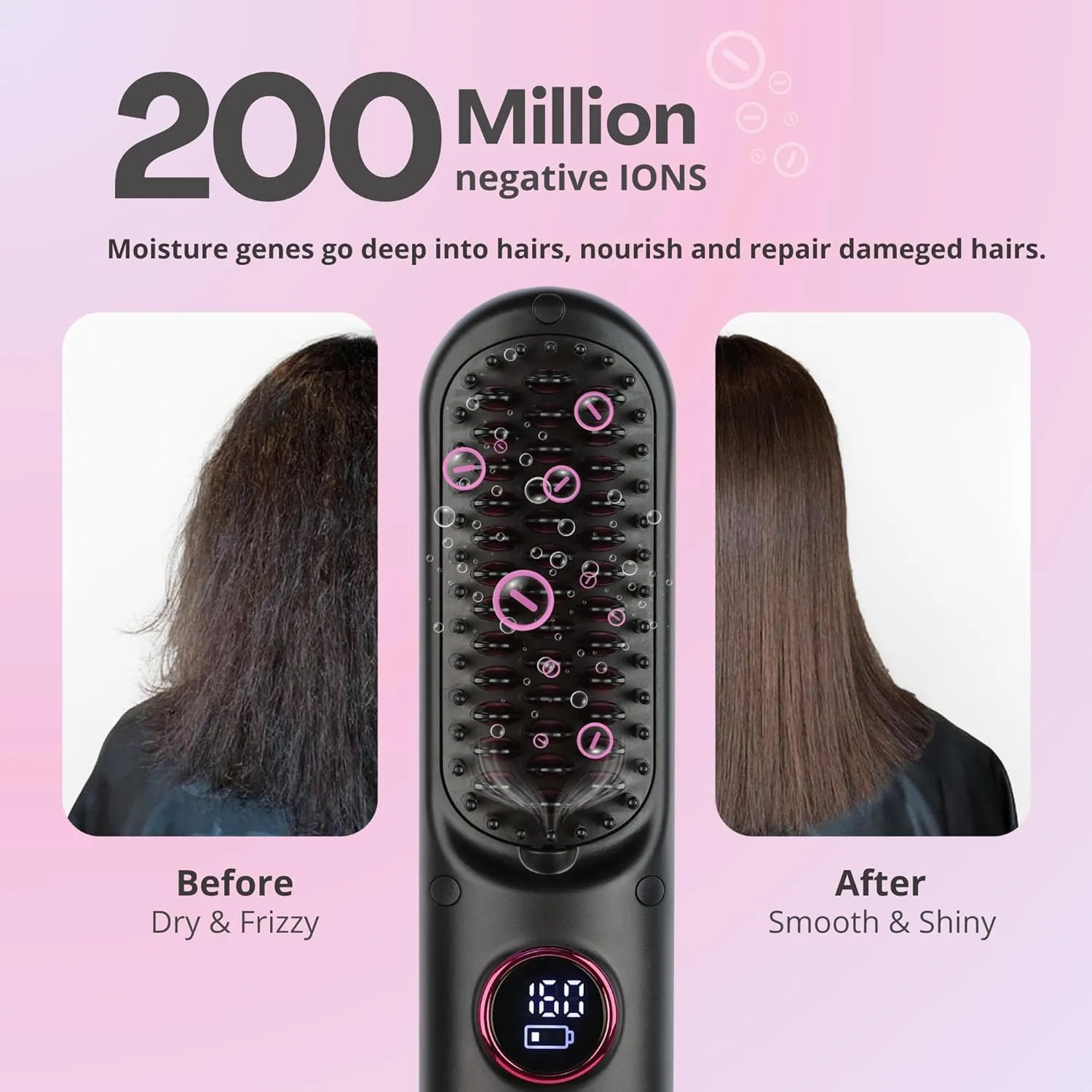 Cordless Hair Straightener Brush PRO, 5600mAh Portable Travel Hair Straightener with 9 Temperature Levels, Hair Styling and Straightening Brush for Women, Anti-Scald Negative Ion Hair Comb, Black