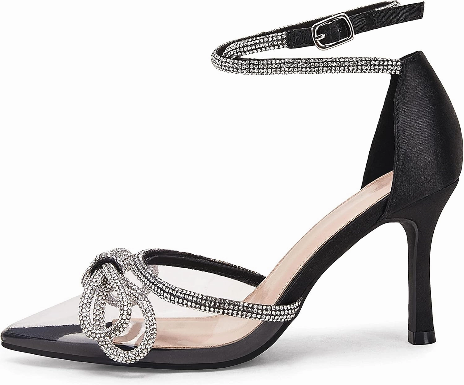 Coutgo Women's Clear Heels Closed Toe Pointed Rhinestone Heels Wedding Bridal Dress Shoes Ankle Strap Mid Heel Stiletto Pumps Shoes