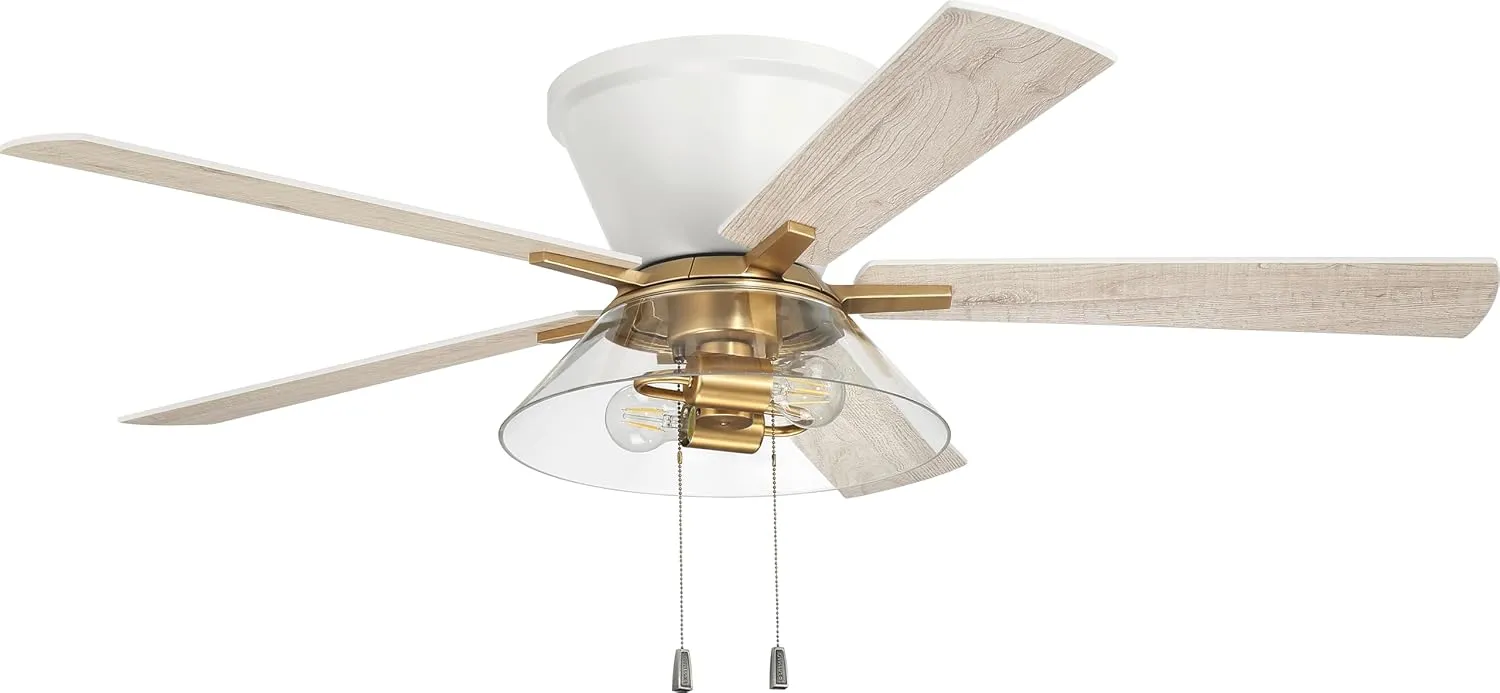 Craftmade 52" Insight Ceiling Fan in White/Satin Brass Finish, Reversible White/Washed Oak Blades, Integrated Light kit Included, Quiet 3-Speed Reversible Motor, IST52WSB5