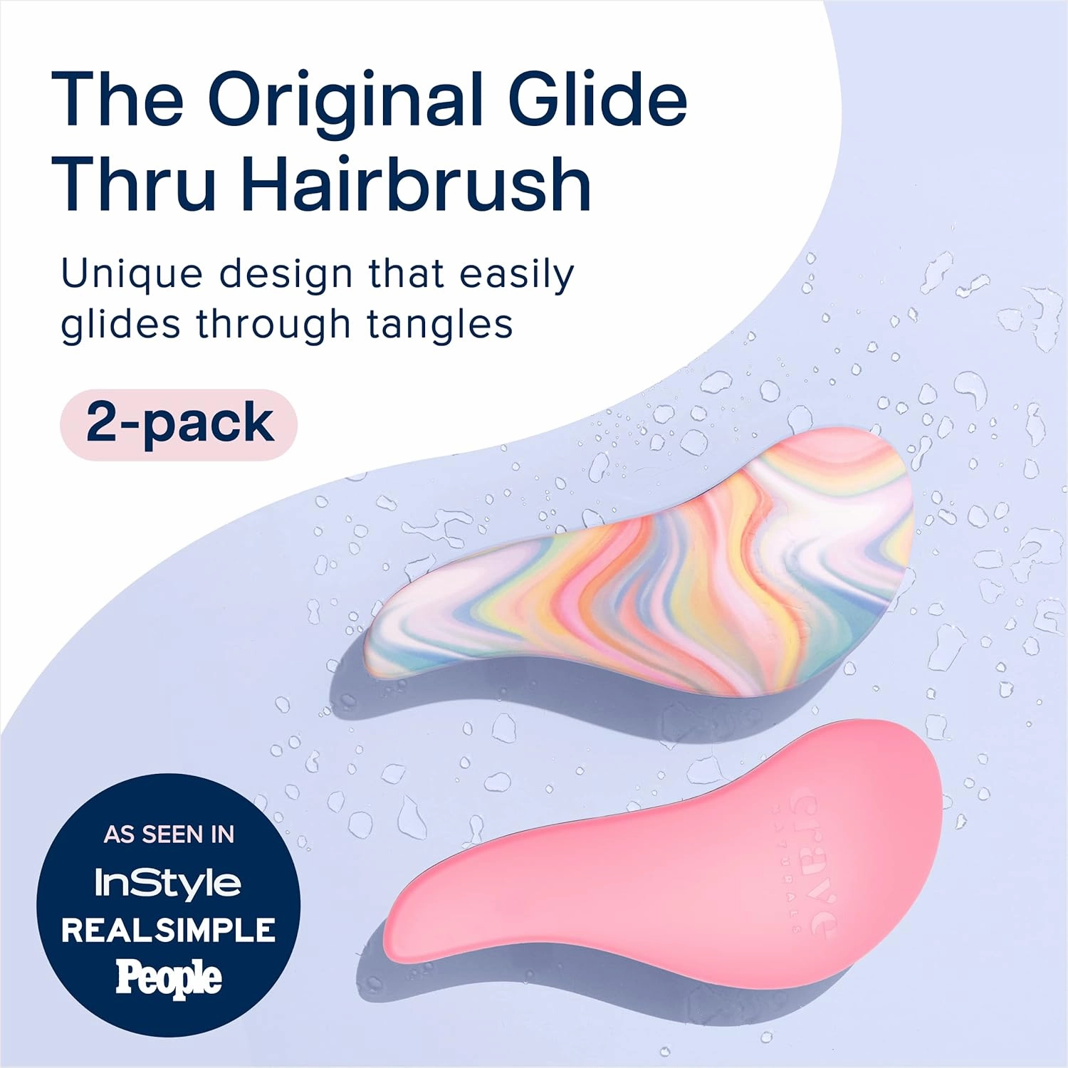 Crave Naturals Glide Thru Detangler Brush Pack of 2 - Curly Hair Brush for Women and Kids - Wet and Dry Comb for Adults - Soft Flexible Bristles for Gentle Use - Pink and Soft Hazy Swirl