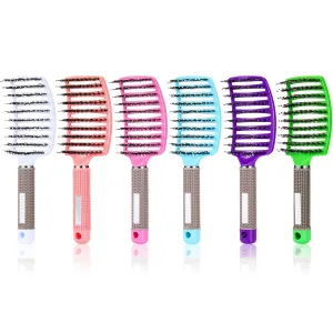Cunhill 6 Pack Boar Bristle Hair Brushes Curved and Vented Hairbrush Detangler Curved Hair Brushes for Women Detangling Comb for Men Long Wet Dry Thick Curly Blowing Hair Accessories, 6 Colors