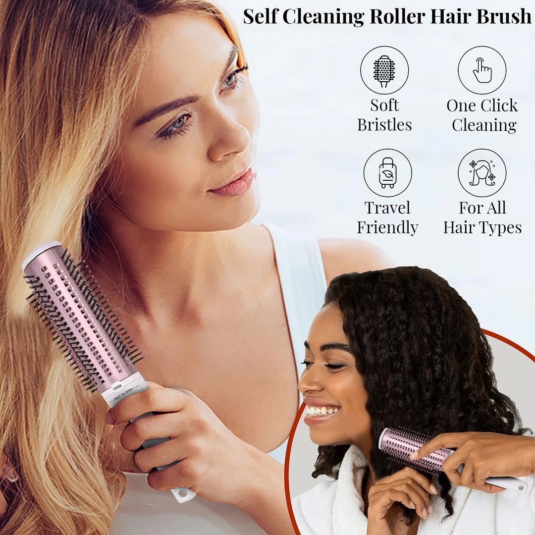 Curly Hair Brush Detangler Comb - Self Cleaning Hair Brushes for Women - Round Brush for Blow Out Roller Retractable Hairbrush for Wet or Dry Hairs - Rose Gold White Birthday Gifts