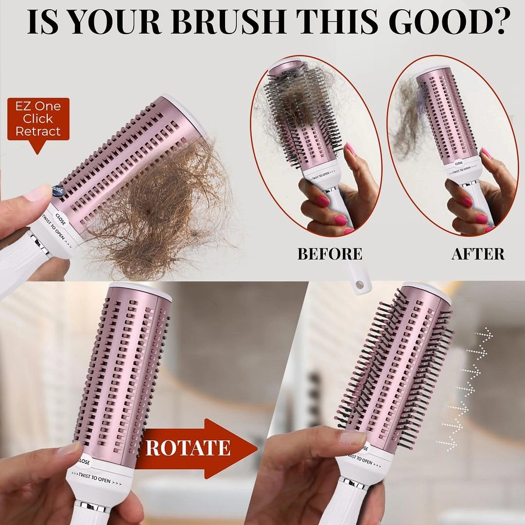 Curly Hair Brush Detangler Comb - Self Cleaning Hair Brushes for Women - Round Brush for Blow Out Roller Retractable Hairbrush for Wet or Dry Hairs - Rose Gold White Birthday Gifts