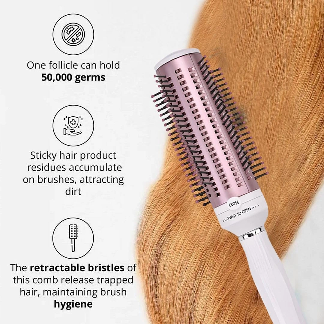 Curly Hair Brush Detangler Comb - Self Cleaning Hair Brushes for Women - Round Brush for Blow Out Roller Retractable Hairbrush for Wet or Dry Hairs - Rose Gold White Birthday Gifts