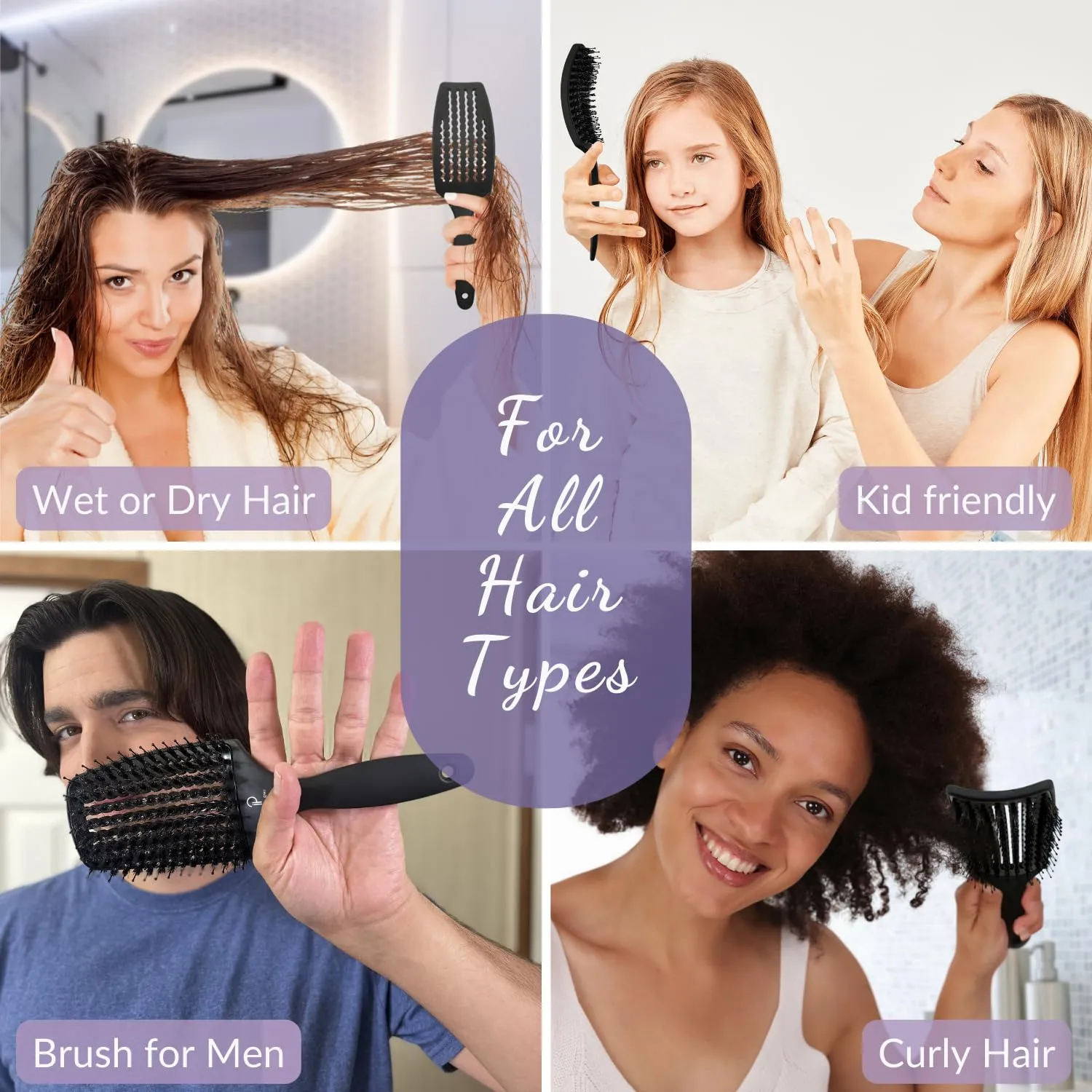 Curved Vented for Blow Drying - Boar Bristle Brush (Large) with Comfortable Handle - Soft Bristle Brush for Thick and Fine Hair - Natural Boar Bristles for Women, Men & Kids - Grey