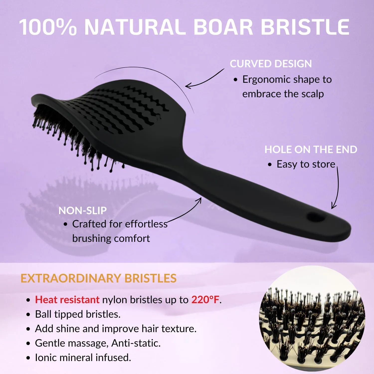Curved Vented for Blow Drying - Boar Bristle Brush (Large) with Comfortable Handle - Soft Bristle Brush for Thick and Fine Hair - Natural Boar Bristles for Women, Men & Kids - Grey