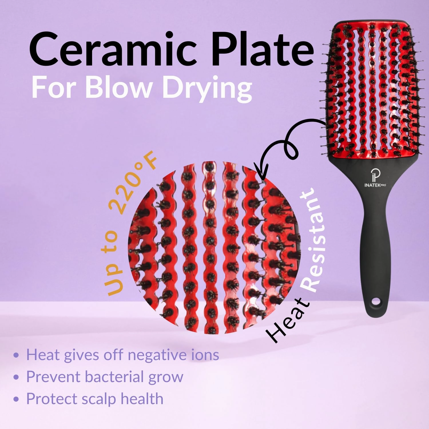 Curved Vented for Blow Drying - Boar Bristle Brush (Large) with Comfortable Handle - Soft Bristle Brush for Thick and Fine Hair - Natural Boar Bristles for Women, Men & Kids - RED