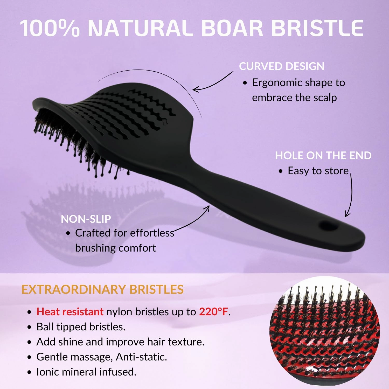 Curved Vented for Blow Drying - Boar Bristle Brush (Large) with Comfortable Handle - Soft Bristle Brush for Thick and Fine Hair - Natural Boar Bristles for Women, Men & Kids - RED