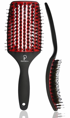 Curved Vented for Blow Drying - Boar Bristle Brush (Large) with Comfortable Handle - Soft Bristle Brush for Thick and Fine Hair - Natural Boar Bristles for Women, Men & Kids - RED