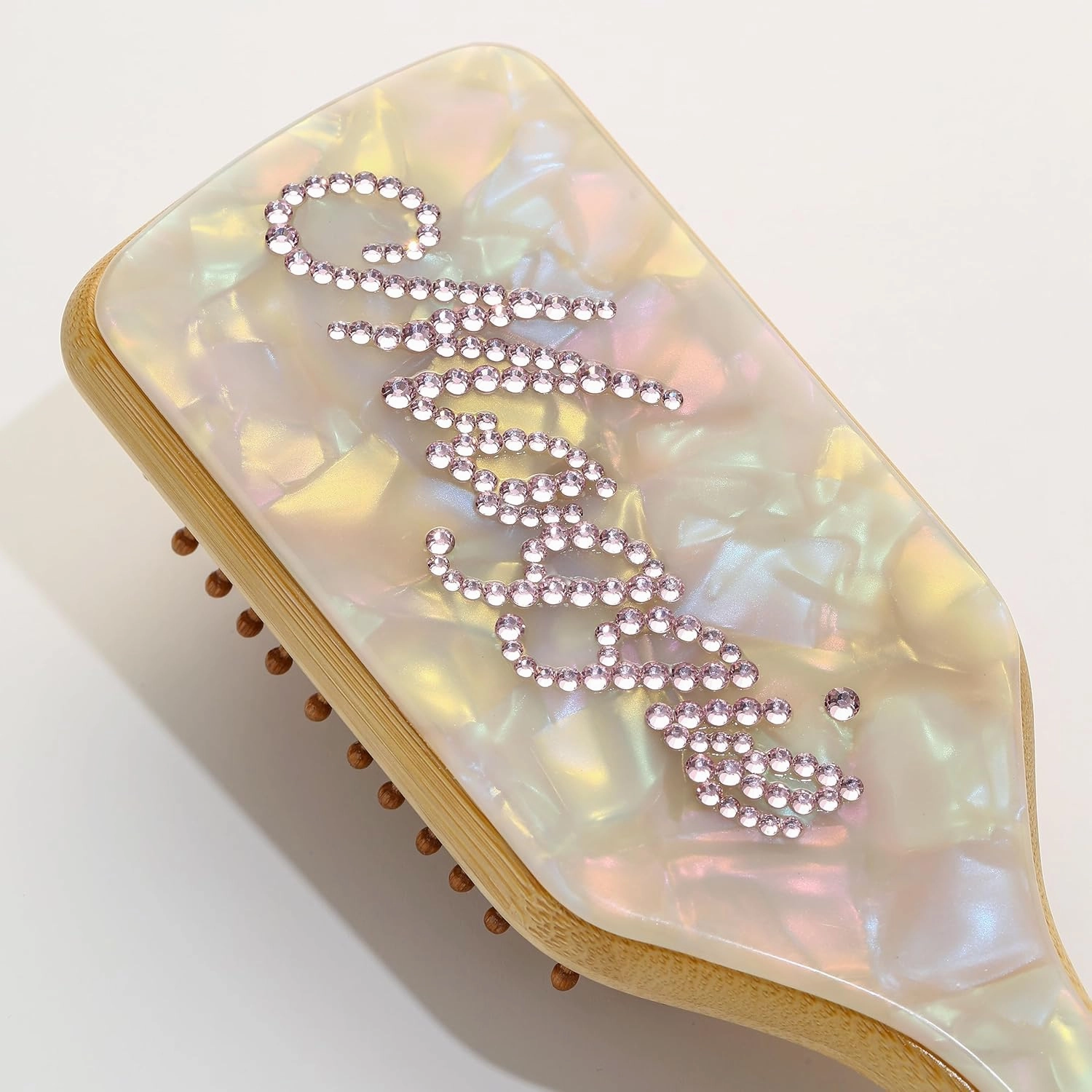 Custom Name Bamboo Paddle Brush, Personalized Rhinestone Letter Hair brushes, Natural Bamboo Bristles Detangling Hairbrush for Massaging Scalp, Women's Gift for Mom Mother's Day