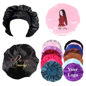 Customize Satin Bonnet Hair Care Silk Bonnet for Sleeping, 10 PCS Private Logo Bonnet Cap Hair Wrap Cap for Black Women (Logo on Forehead, Black)
