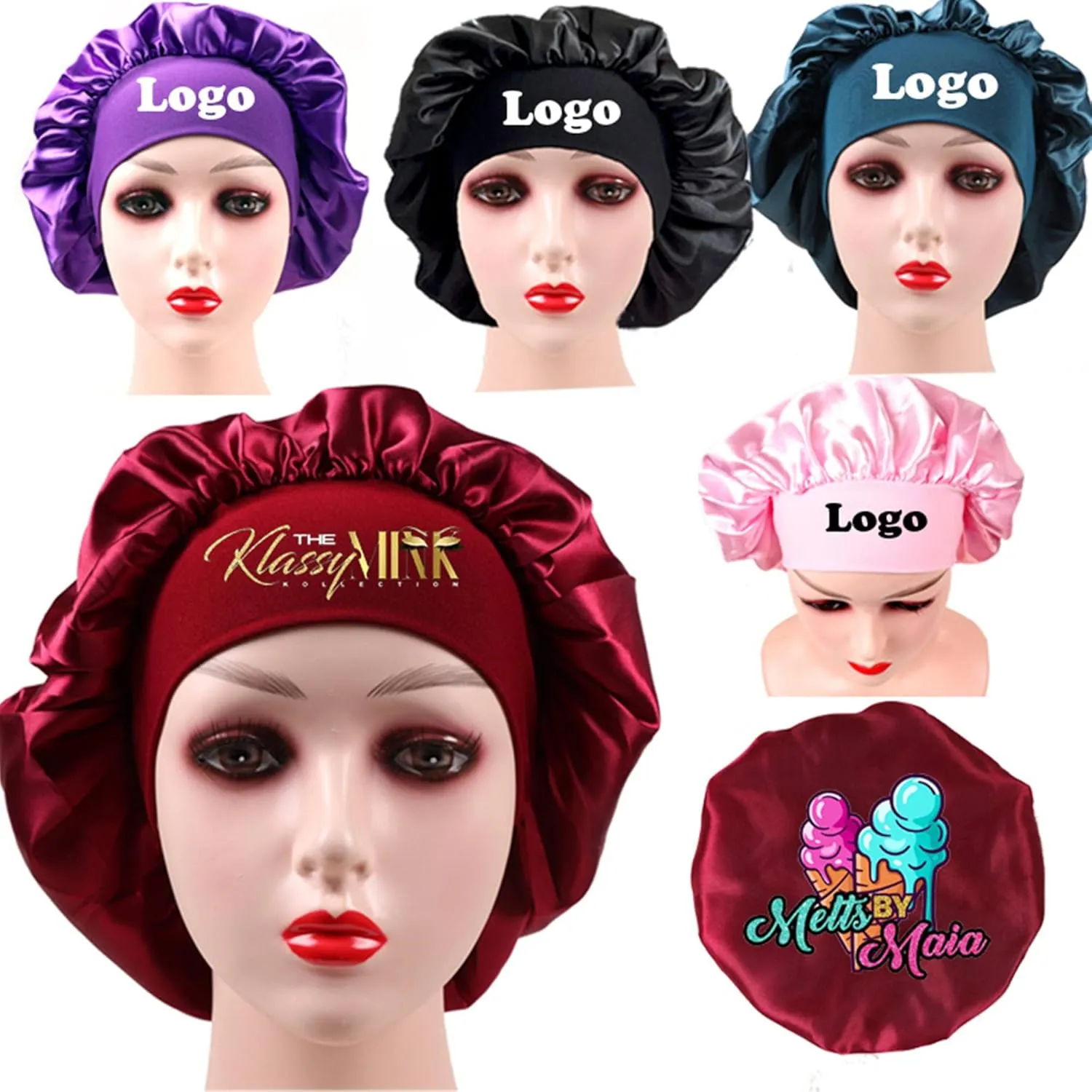Customize Satin Bonnet Hair Care Silk Bonnet for Sleeping, 10 PCS Private Logo Bonnet Cap Hair Wrap Cap for Black Women (Logo on Forehead, Black)