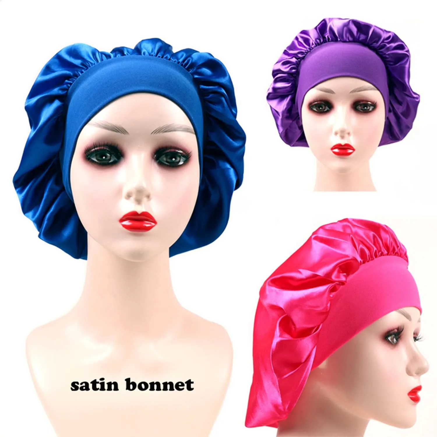Customize Satin Bonnet Hair Care Silk Bonnet for Sleeping, 10 PCS Private Logo Bonnet Cap Hair Wrap Cap for Black Women (Logo on Forehead, Black)