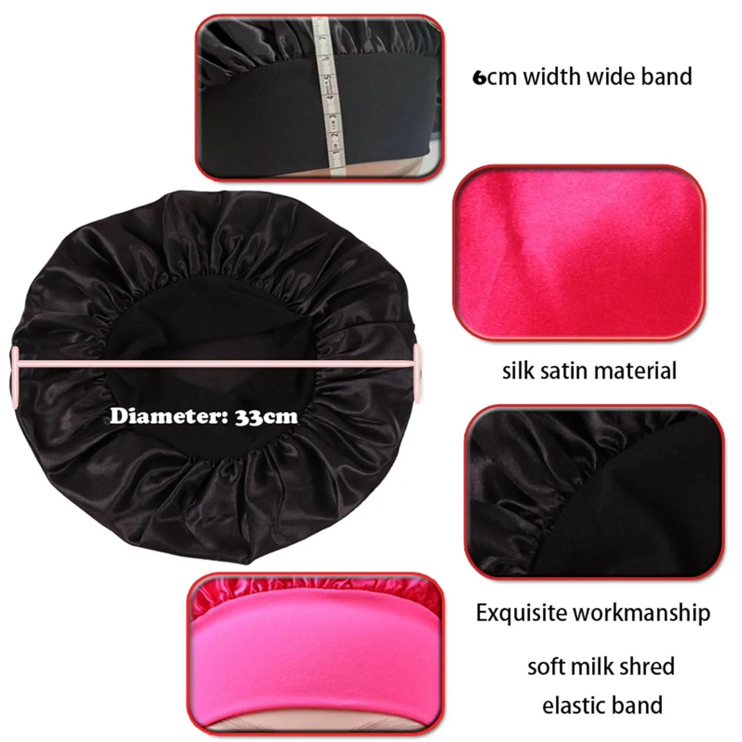 Customize Satin Bonnet Hair Care Silk Bonnet for Sleeping, 10 PCS Private Logo Bonnet Cap Hair Wrap Cap for Black Women (Logo on Forehead, Black)