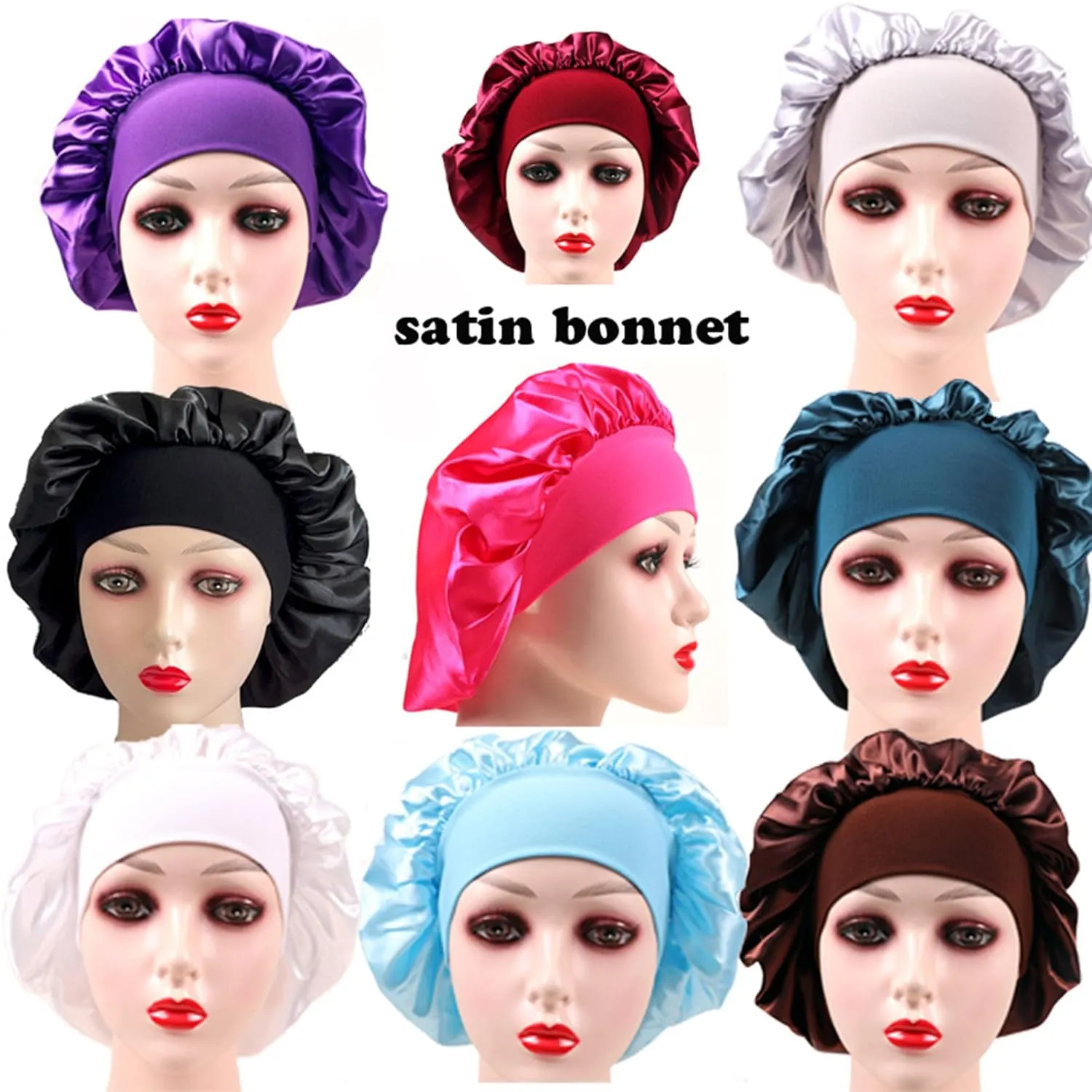 Customize Satin Bonnet Hair Care Silk Bonnet for Sleeping, 10 PCS Private Logo Bonnet Cap Hair Wrap Cap for Black Women (Logo on Forehead, Black)