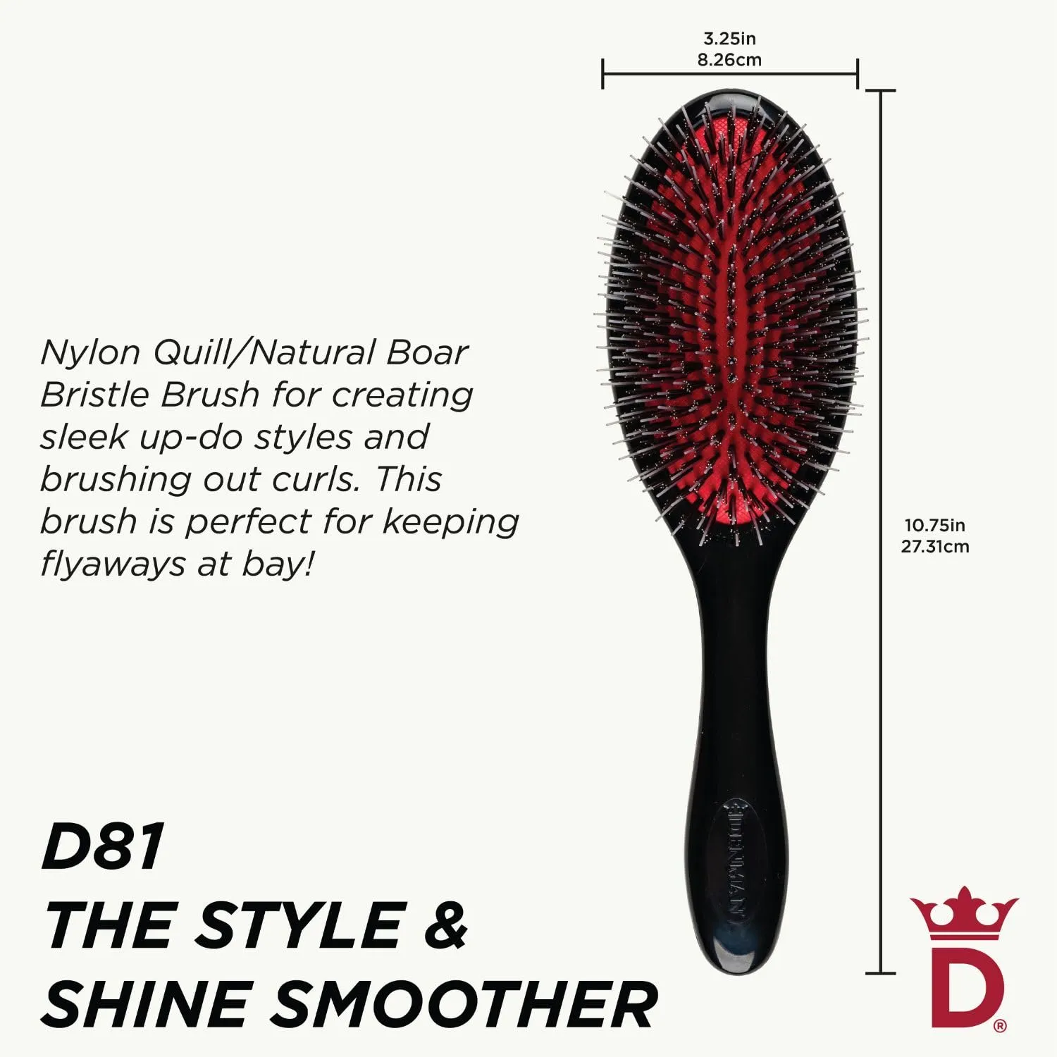 Denman Boar Bristle and Nylon Pin Hairbrush - For Detangling, Smoothing And Conditioning, Enhances Shine And Adds Gloss.