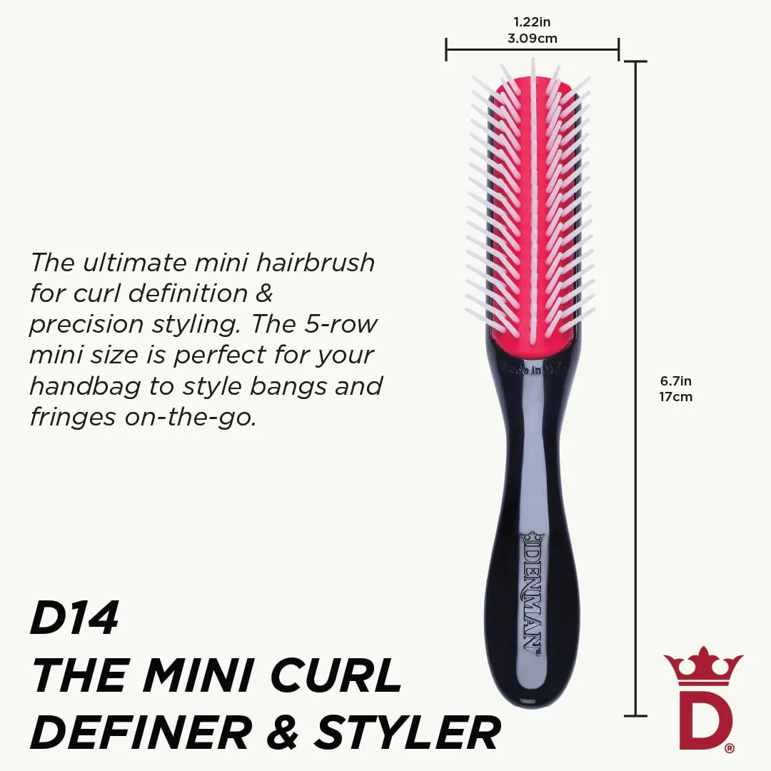 Denman Mini Curl Definer & Styler 5 Row Hairbrush for Detangling, Separating, and Defining Curls, Curly Hairbrush, Sleek Blowdrying - D14