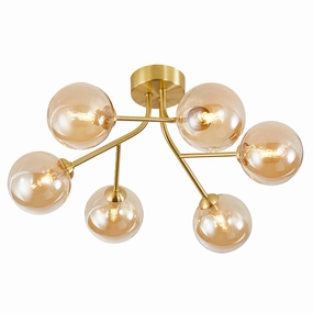 Designer Satin Gold 6-Arm Ceiling Light Fixture with Amber Tinted Glass Shades