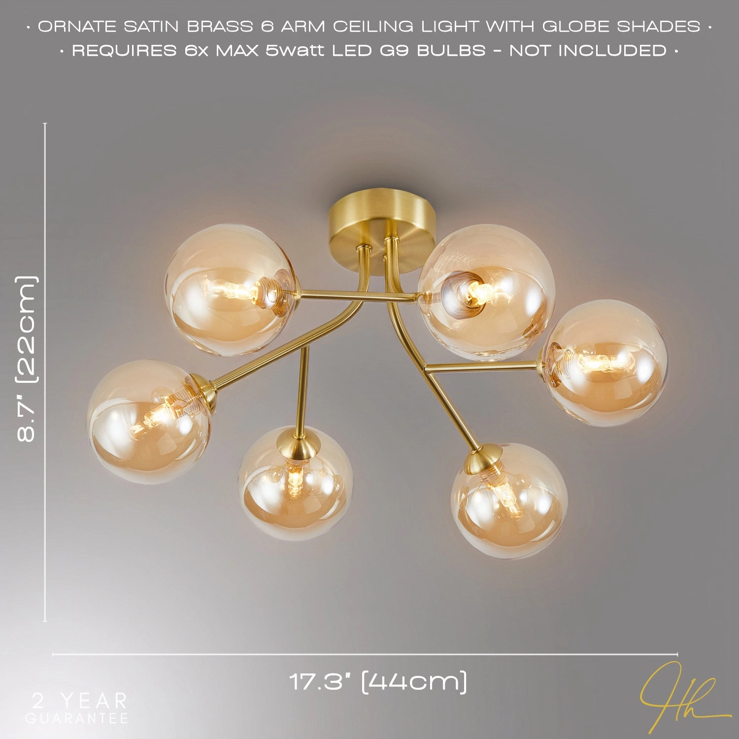 Designer Satin Gold 6-Arm Ceiling Light Fixture with Amber Tinted Glass Shades