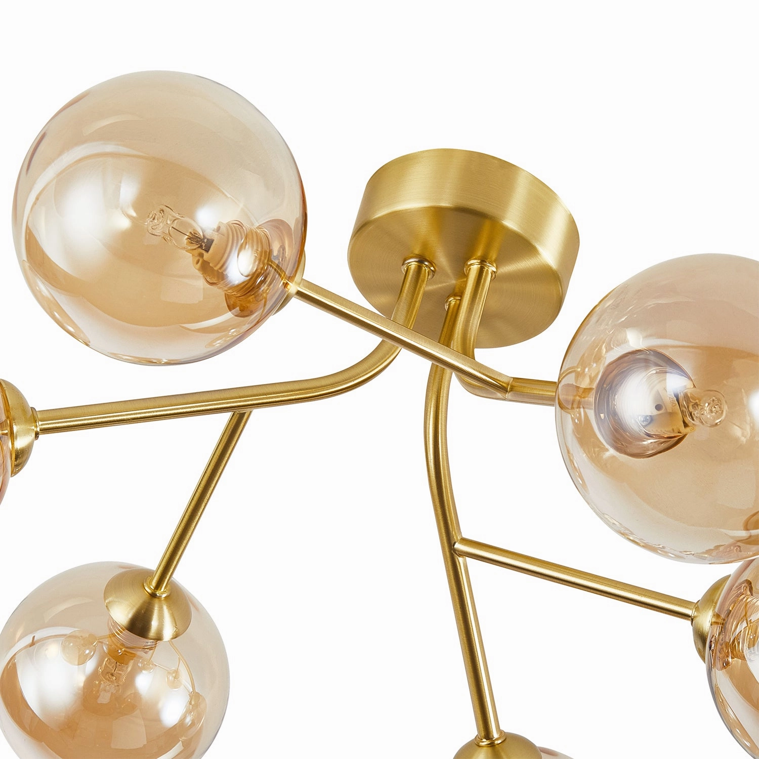 Designer Satin Gold 6-Arm Ceiling Light Fixture with Amber Tinted Glass Shades