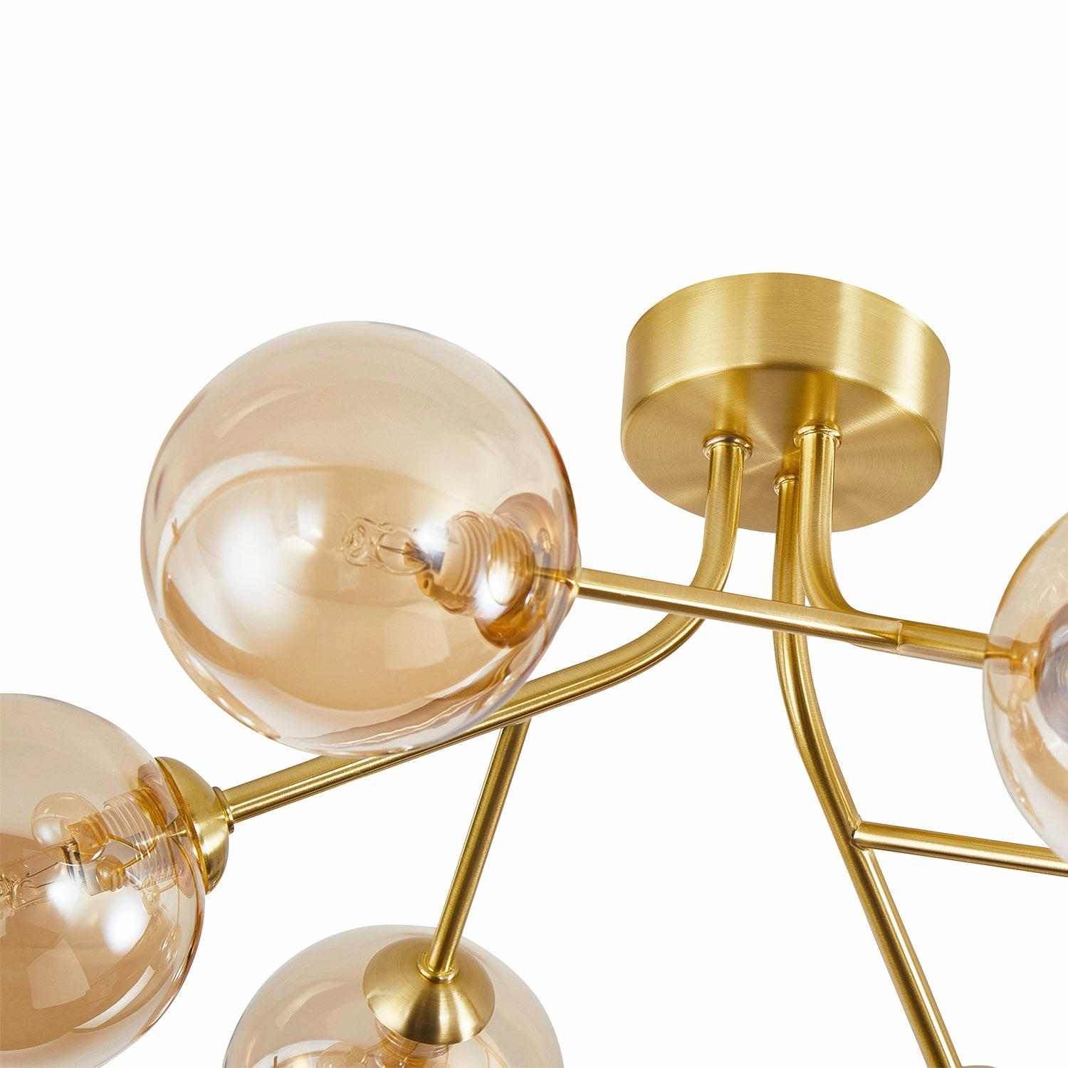 Designer Satin Gold 6-Arm Ceiling Light Fixture with Amber Tinted Glass Shades