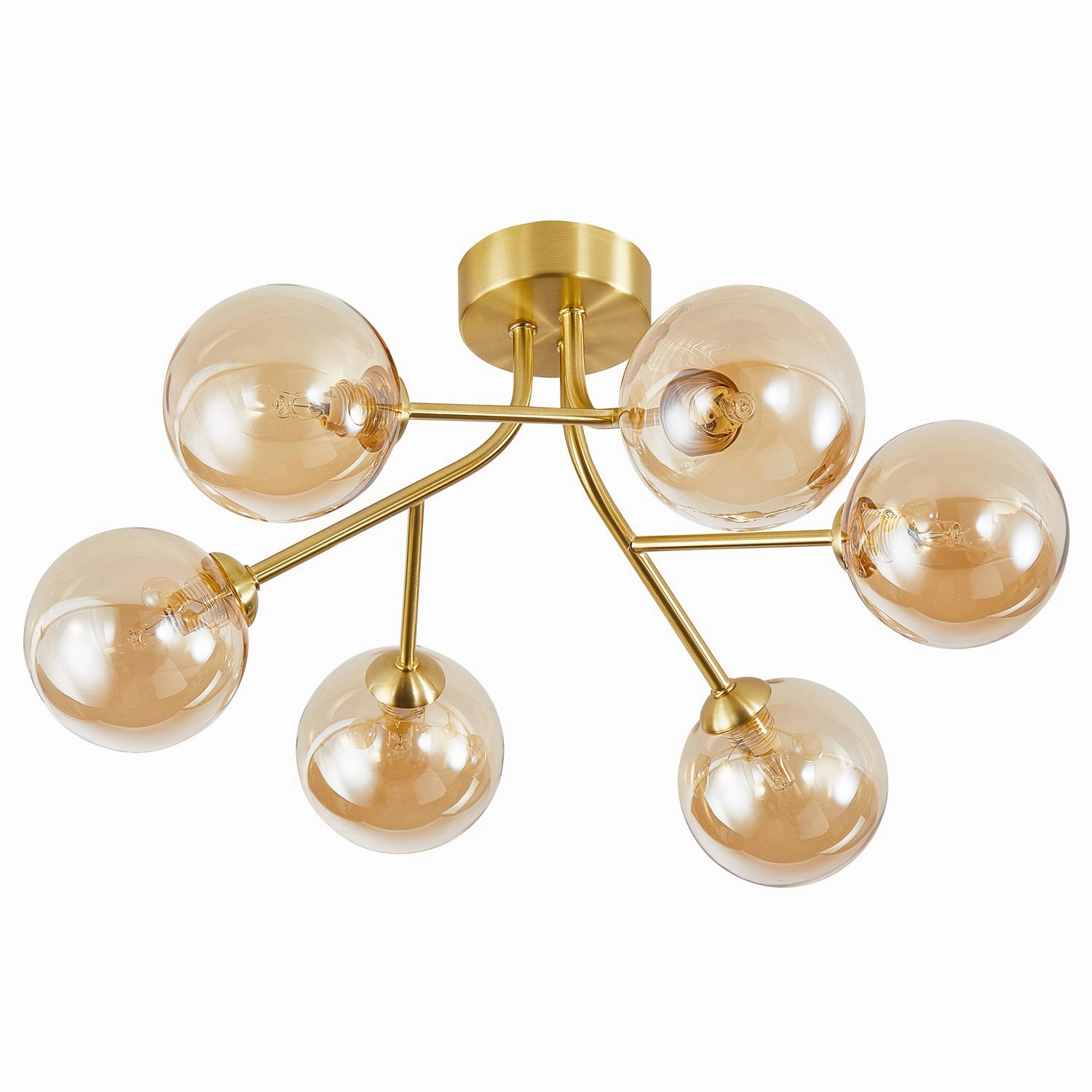 Designer Satin Gold 6-Arm Ceiling Light Fixture with Amber Tinted Glass Shades