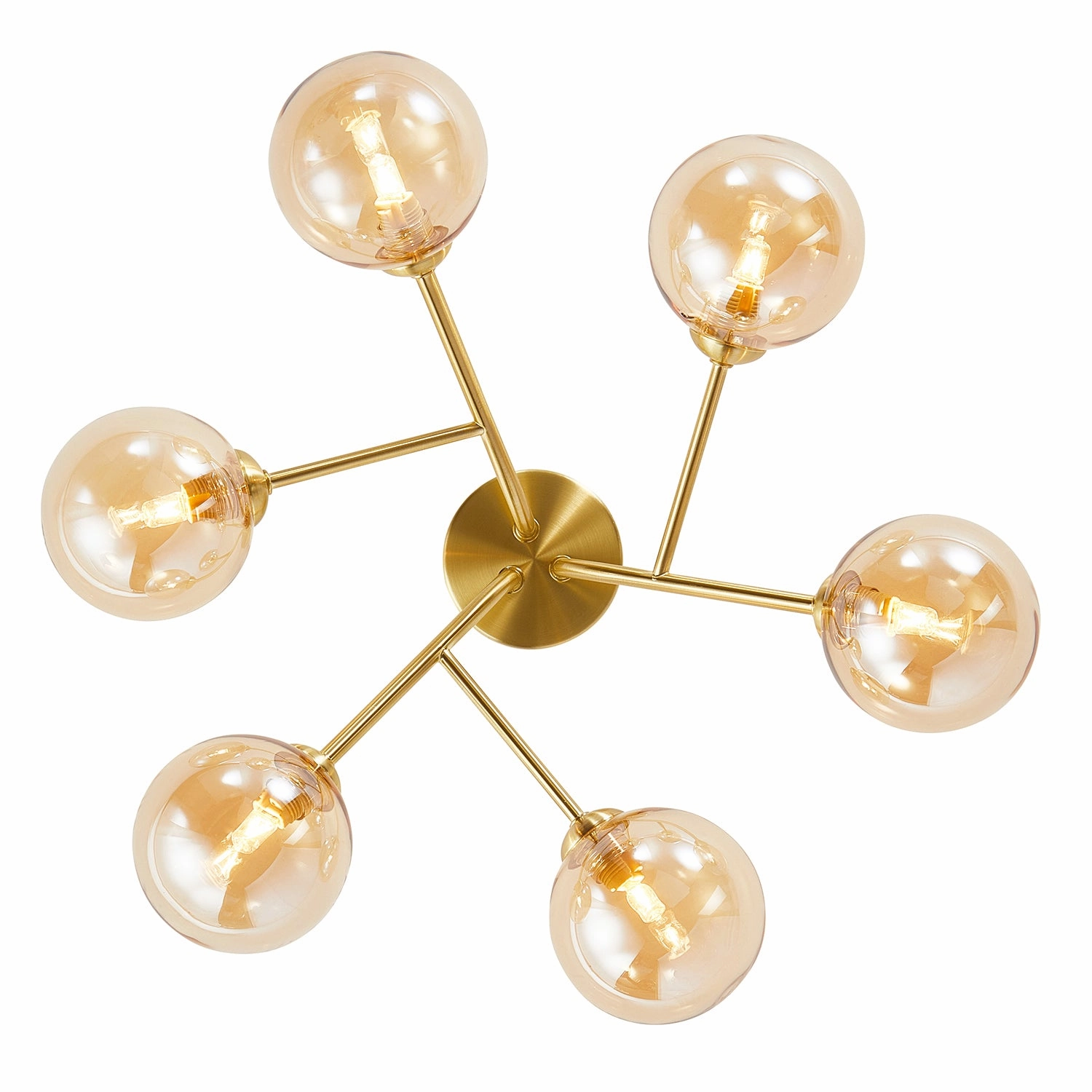 Designer Satin Gold 6-Arm Ceiling Light Fixture with Amber Tinted Glass Shades