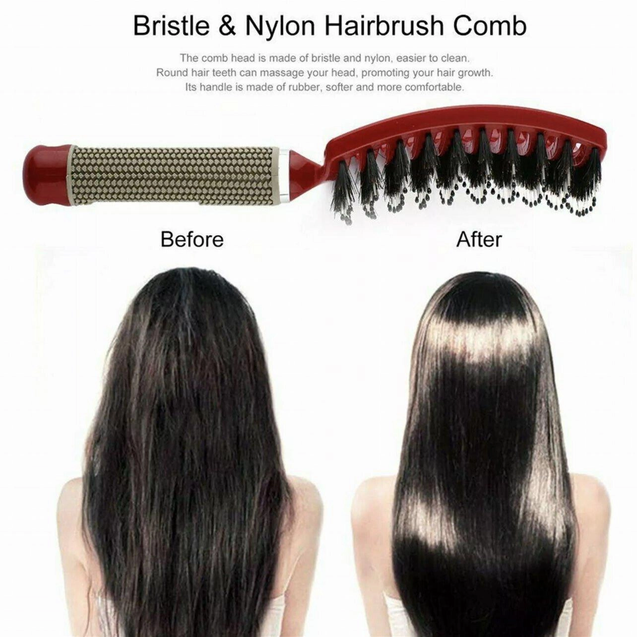 Detangle Nylon Boar Bristle Brush Hairbrush Smooth Hair Head Scalp Massage Comb