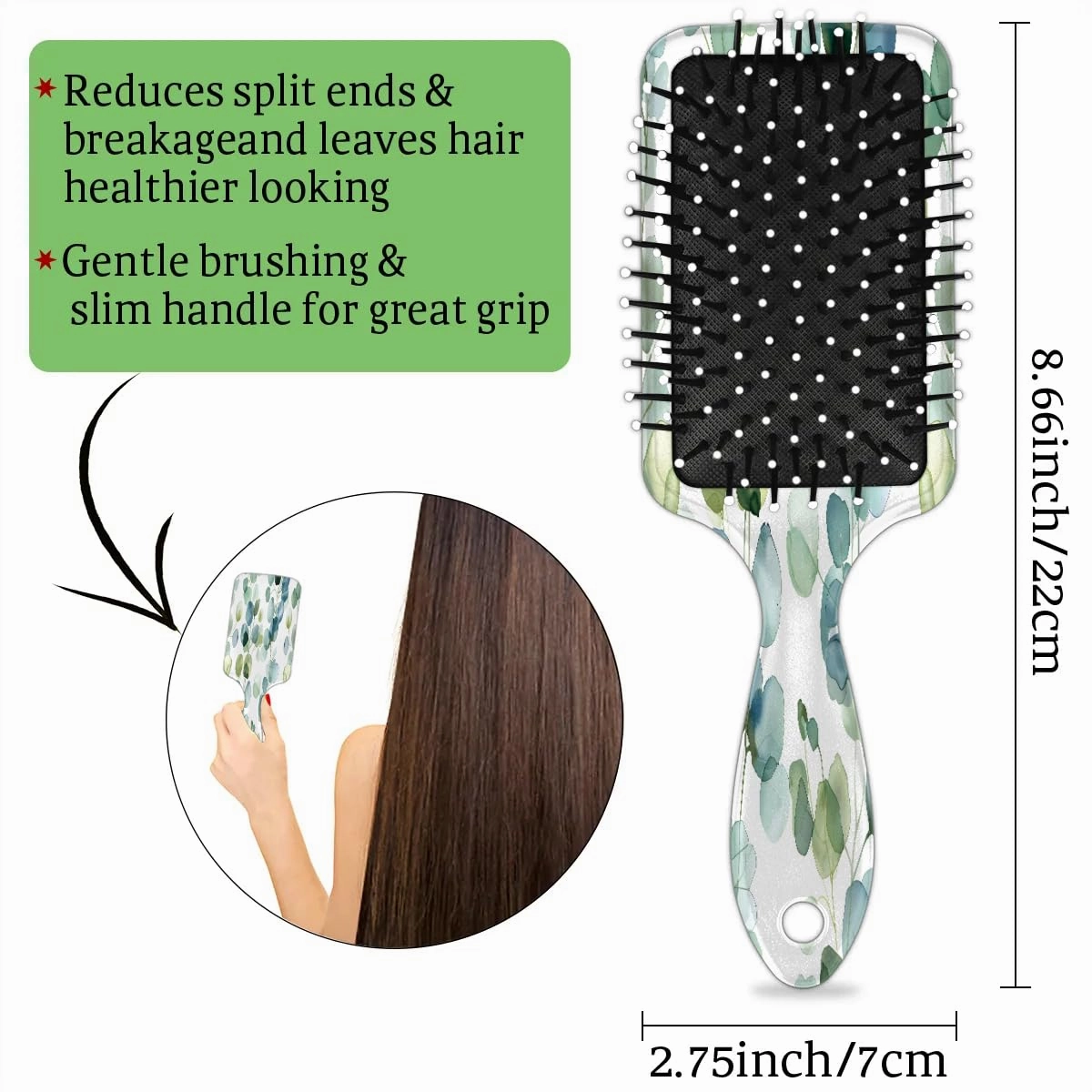 Detangling Hair Brush with Nylon Bristles Eucalyptus Green Leaf Hairbrush Glides Through Tangles for All Hair Types Hair Comb for Men Women