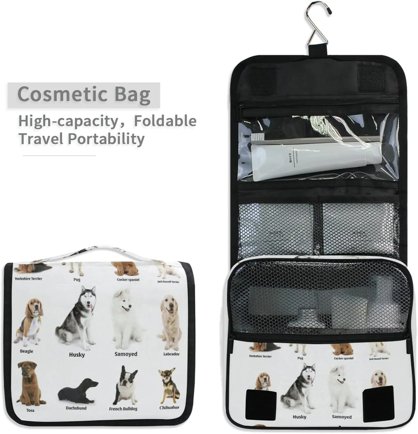 Different Breeds of Dogs Isolated on White Hanging Wash Gargle Toiletry Bag Travel Cosmetic Makeup Case Organizer Storage Large Portable