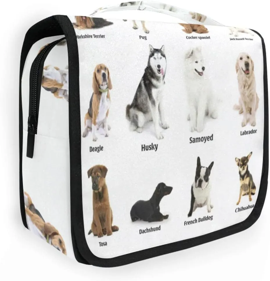 Different Breeds of Dogs Isolated on White Hanging Wash Gargle Toiletry Bag Travel Cosmetic Makeup Case Organizer Storage Large Portable