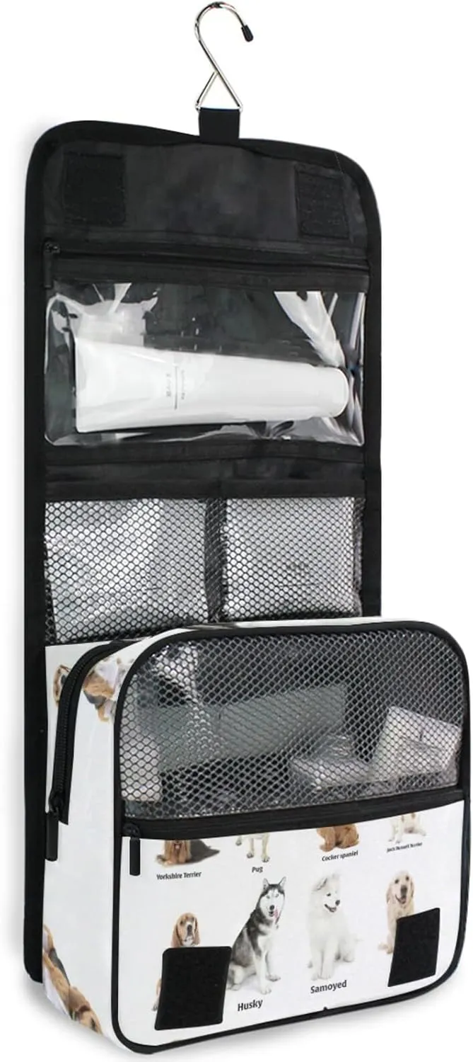 Different Breeds of Dogs Isolated on White Hanging Wash Gargle Toiletry Bag Travel Cosmetic Makeup Case Organizer Storage Large Portable