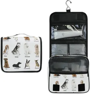Different Breeds of Dogs Isolated on White Hanging Wash Gargle Toiletry Bag Travel Cosmetic Makeup Case Organizer Storage Large Portable