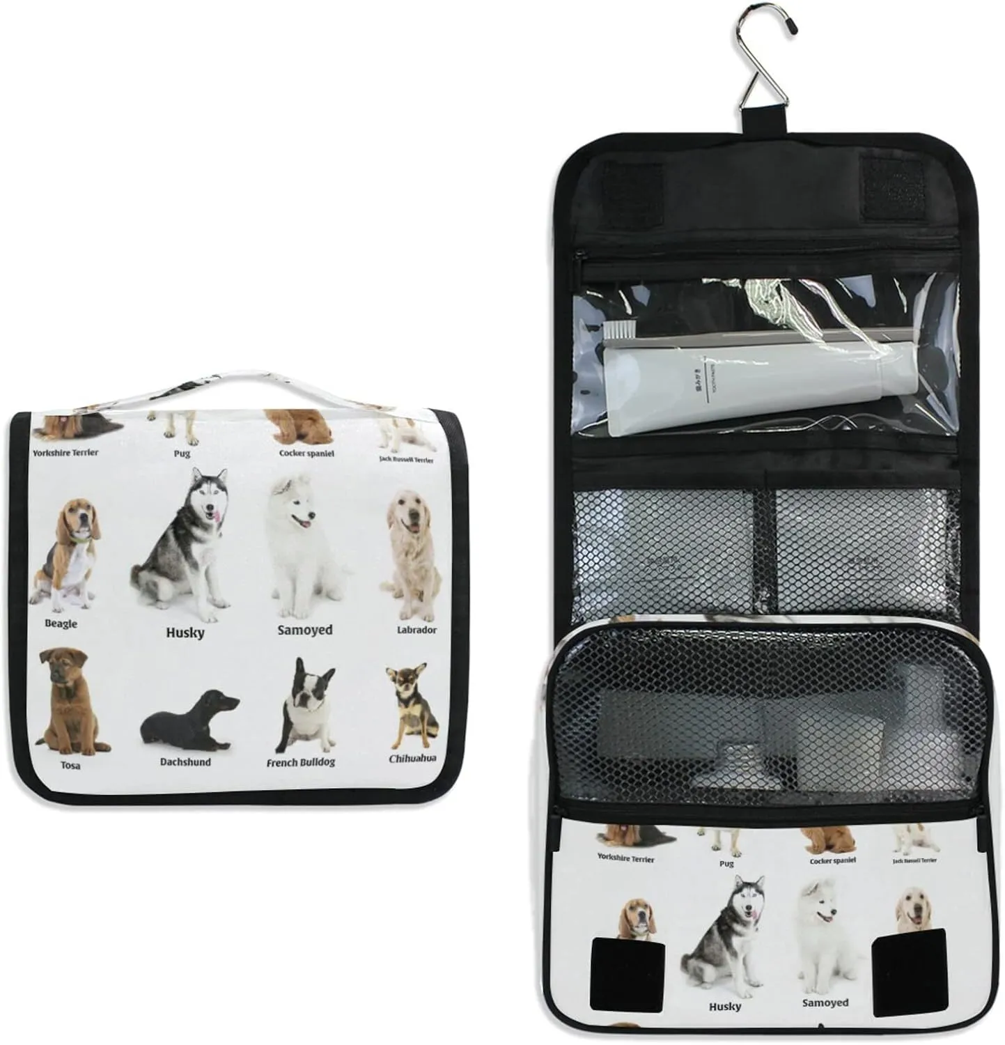 Different Breeds of Dogs Isolated on White Hanging Wash Gargle Toiletry Bag Travel Cosmetic Makeup Case Organizer Storage Large Portable