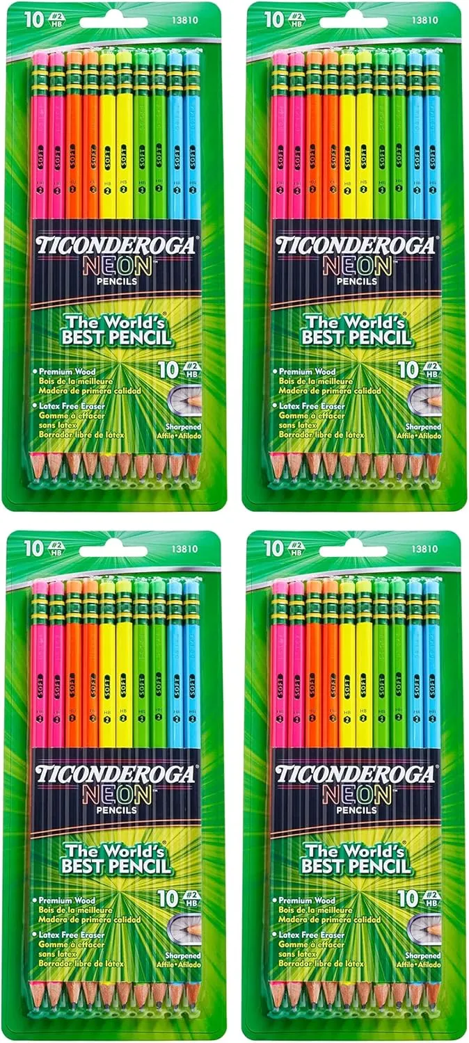 Dixon Ticonderoga No.2 Pencils, Assorted Neon, 10-Pack (4-Pack)