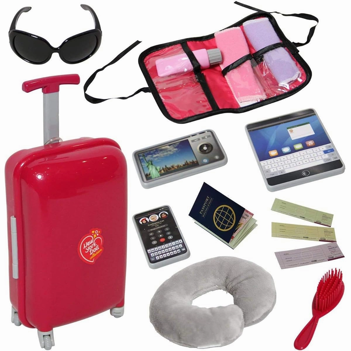 Doll Travel Suitcase with Accessories for 18" Dolls Includes Travel Pillow, Passport and Accessories