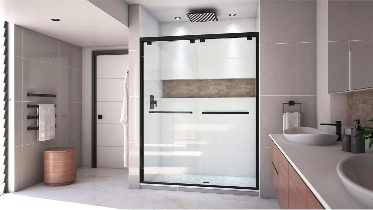DreamLine Encore Semi-Frameless Bypass Sliding Shower Door in Satin Black, 56-60 in Width x 76 in Height, 5/16 in. (8mm) Certified Clear Tempered Glass, Smooth Gliding Open and Close. SHDR-1660760-09