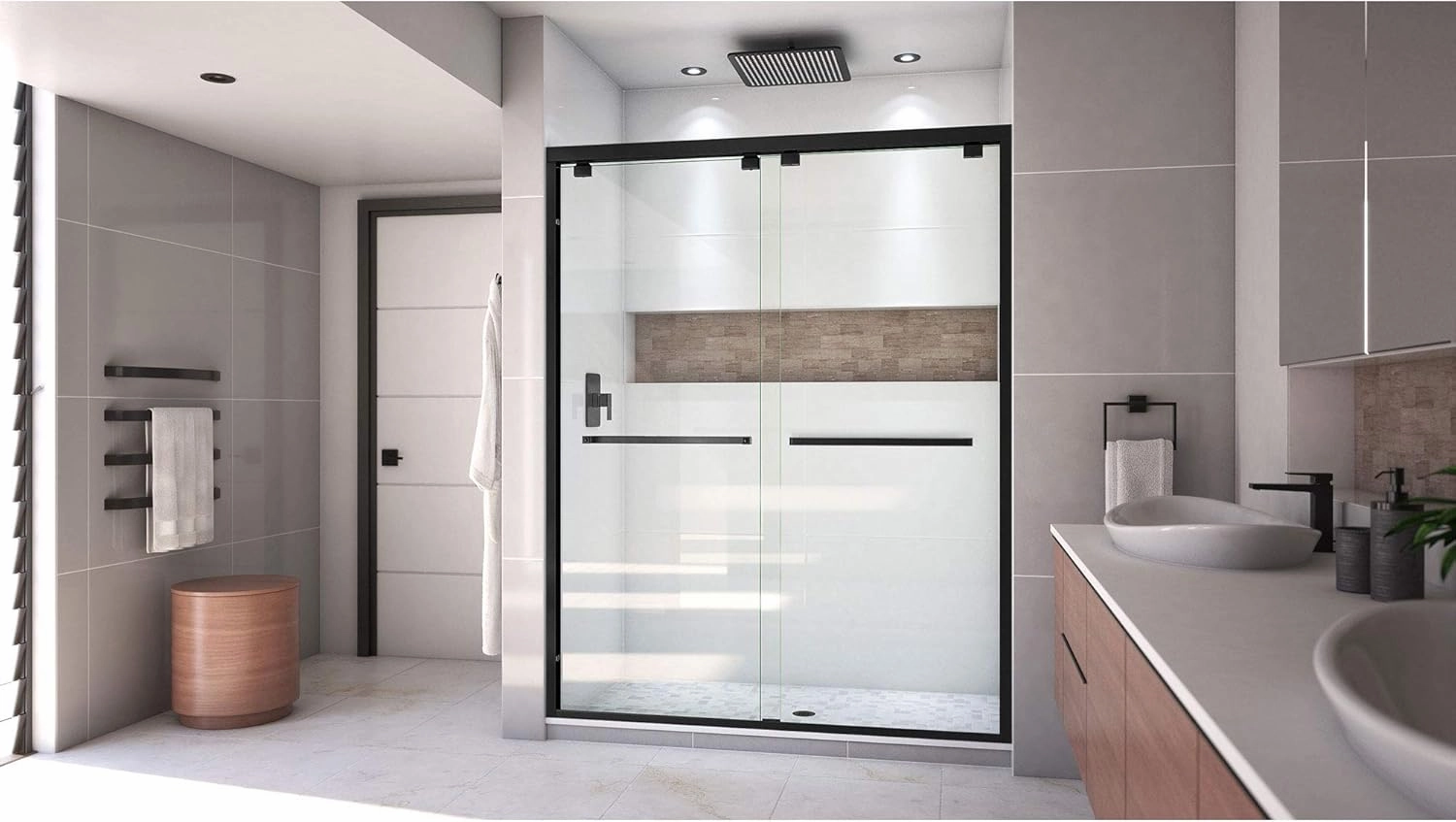 DreamLine Encore Semi-Frameless Bypass Sliding Shower Door in Satin Black, 56-60 in Width x 76 in Height, 5/16 in. (8mm) Certified Clear Tempered Glass, Smooth Gliding Open and Close. SHDR-1660760-09