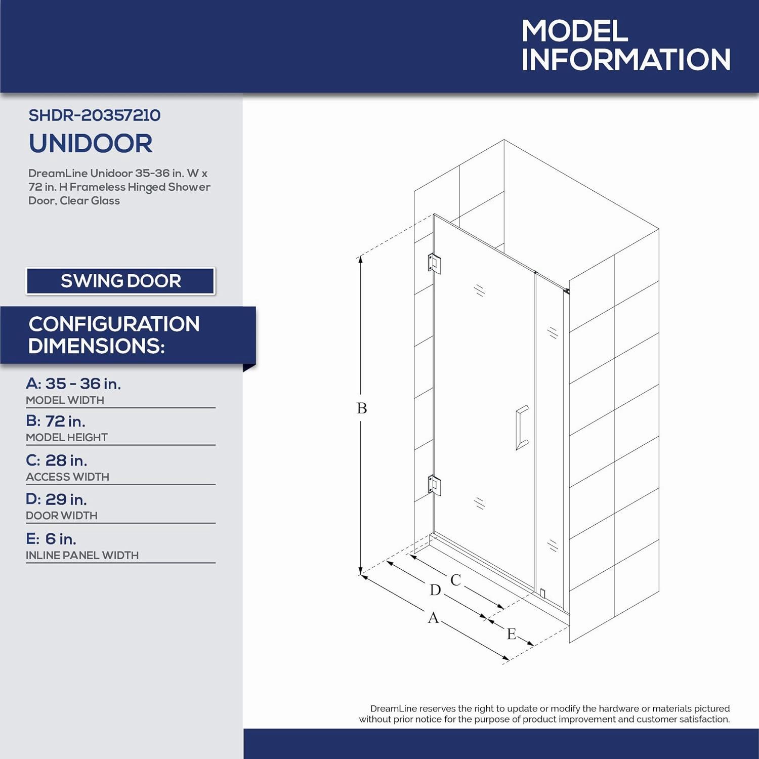 DreamLine Unidoor 35-36 in. W x 72 in. H Frameless Hinged Shower Door in Satin Black, SHDR-20357210-09