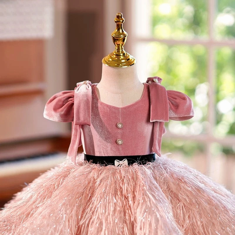Dreamy Blush Pink Girl Dress Velvet Bodice for Pageant Birthday Party J419