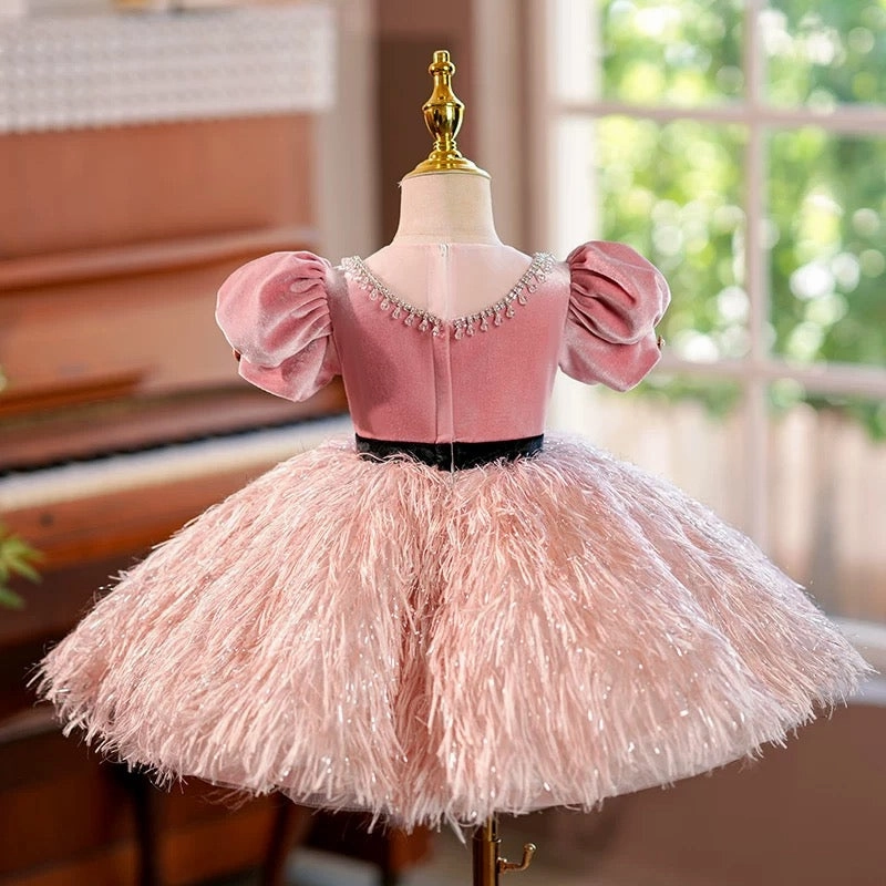 Dreamy Blush Pink Girl Dress Velvet Bodice for Pageant Birthday Party J419