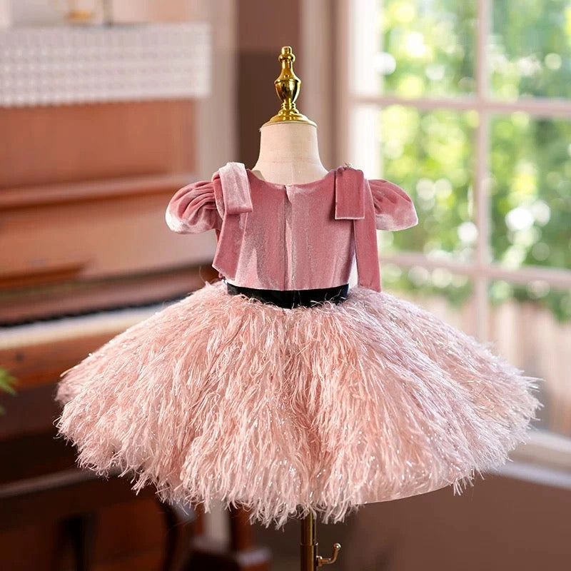 Dreamy Blush Pink Girl Dress Velvet Bodice for Pageant Birthday Party J419