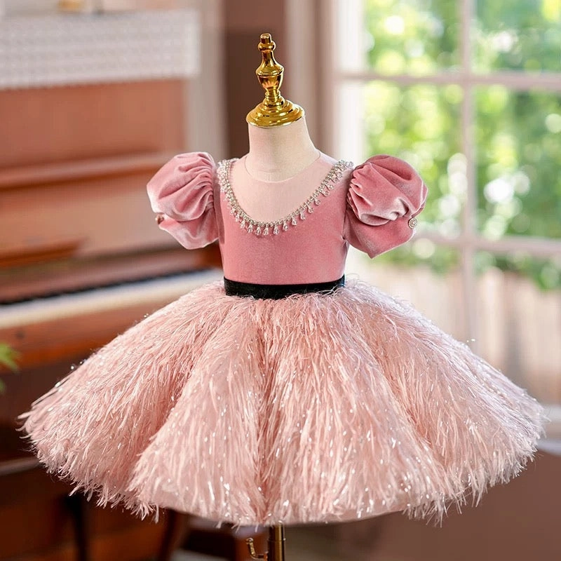 Dreamy Blush Pink Girl Dress Velvet Bodice for Pageant Birthday Party J419
