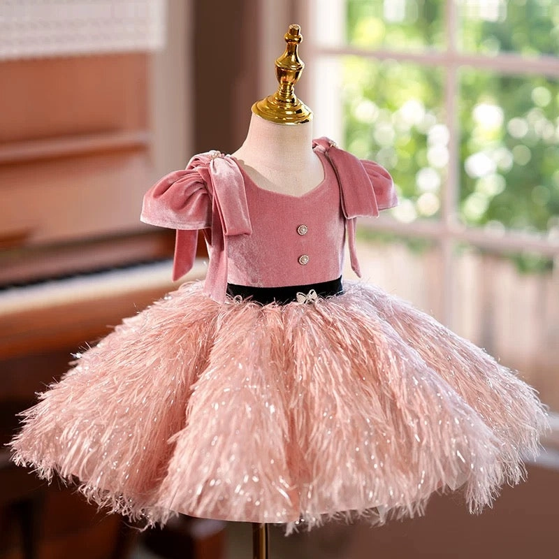Dreamy Blush Pink Girl Dress Velvet Bodice for Pageant Birthday Party J419