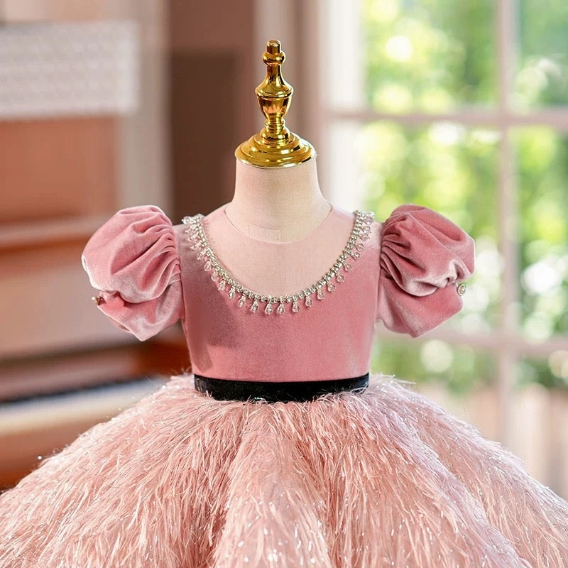 Dreamy Blush Pink Girl Dress Velvet Bodice for Pageant Birthday Party J419