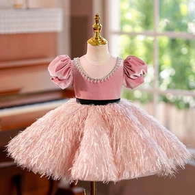 Dreamy Blush Pink Girl Dress Velvet Bodice for Pageant Birthday Party J419