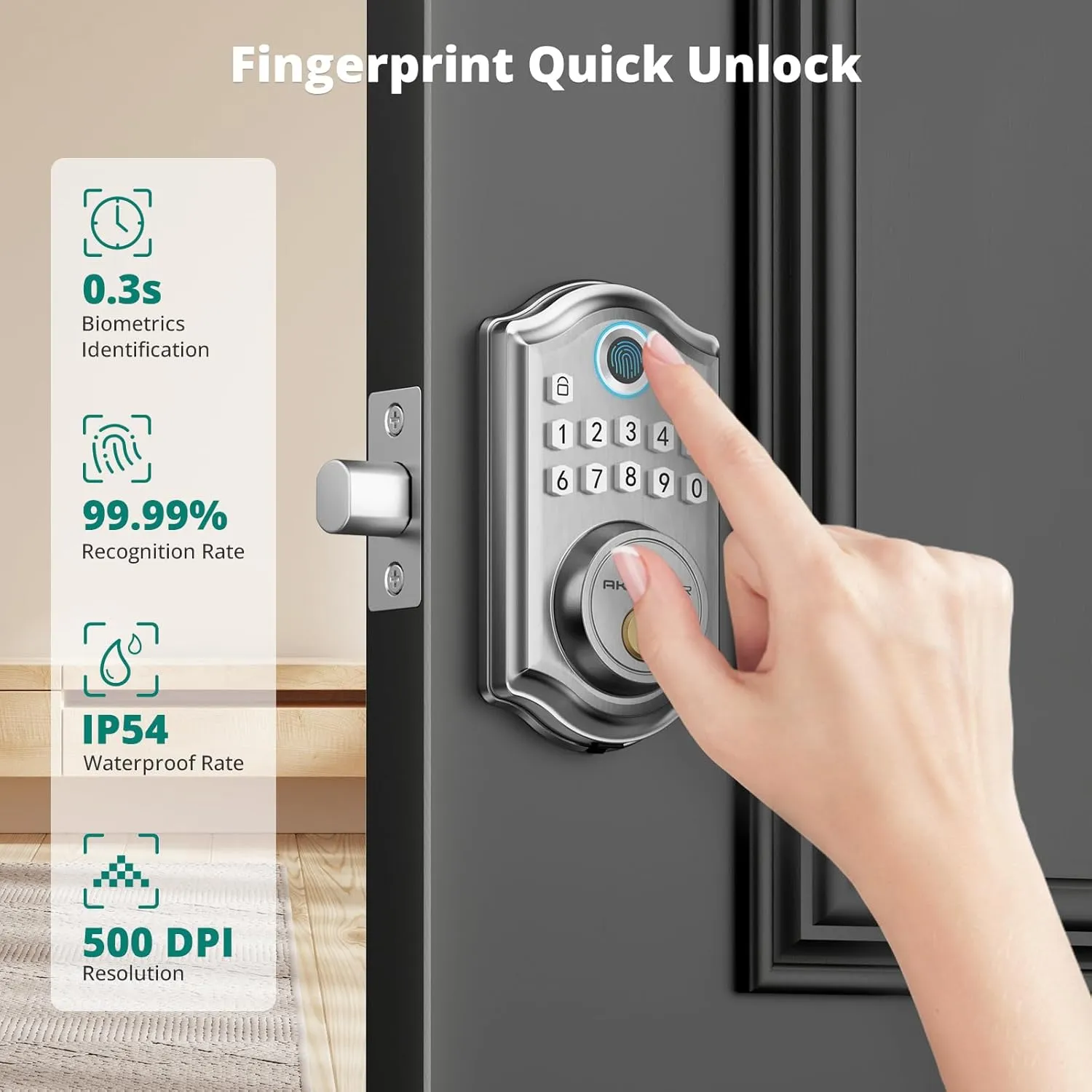 DS10 Pro Keyless Entry Door Lock, Fingerprint Door Locks, Electronic Keypad Lock, Smart Deadbolt, Smart Locks for Front Door, Auto-Lock & One Touch Locking with Bluetooth - Satin Nickel