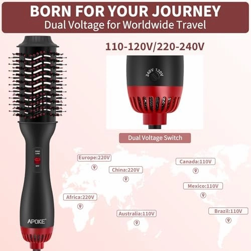 Dual Voltage Hair Dryer Brush with UK Plug Blow Dryer Brush for European Travel 110V-120V/220V-240V One Step Hot Air Brush and Styler Volumizer with Negative Ion Anti-frizz (Black red)
