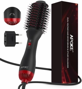 Dual Voltage Hair Dryer Brush with UK Plug Blow Dryer Brush for European Travel 110V-120V/220V-240V One Step Hot Air Brush and Styler Volumizer with Negative Ion Anti-frizz (Black red)